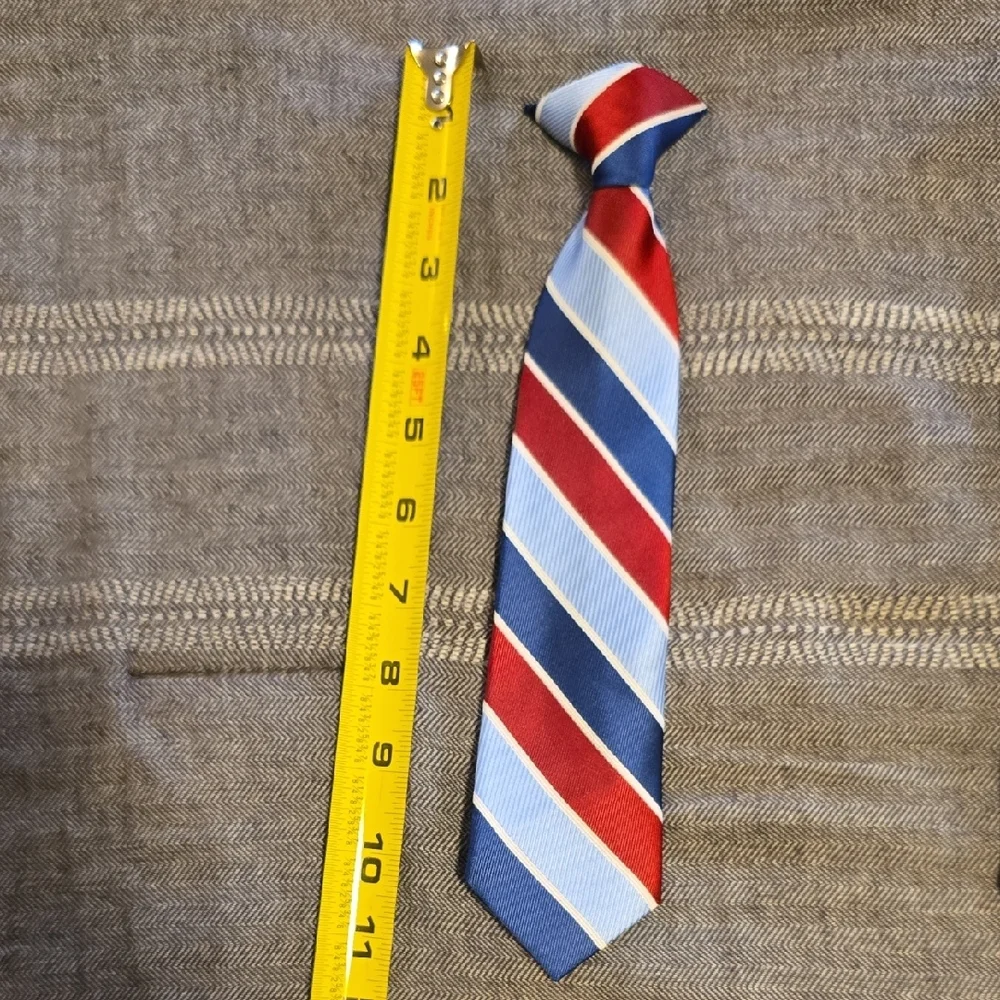 Boys’ Red & Navy Stripe Tie, Beige Pattern Tie, and Light Blue Clip On Tie Set